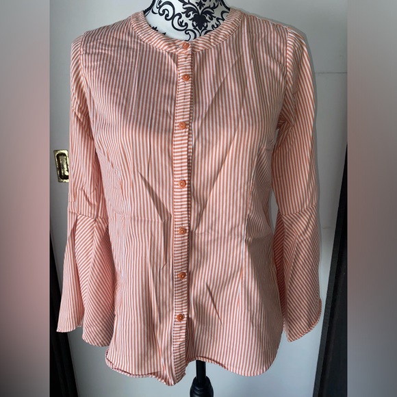 Linea by Louis Dell'Olio Size 2 White and Orange Bell Sleeve Striped Blouse - Picture 14 of 14
